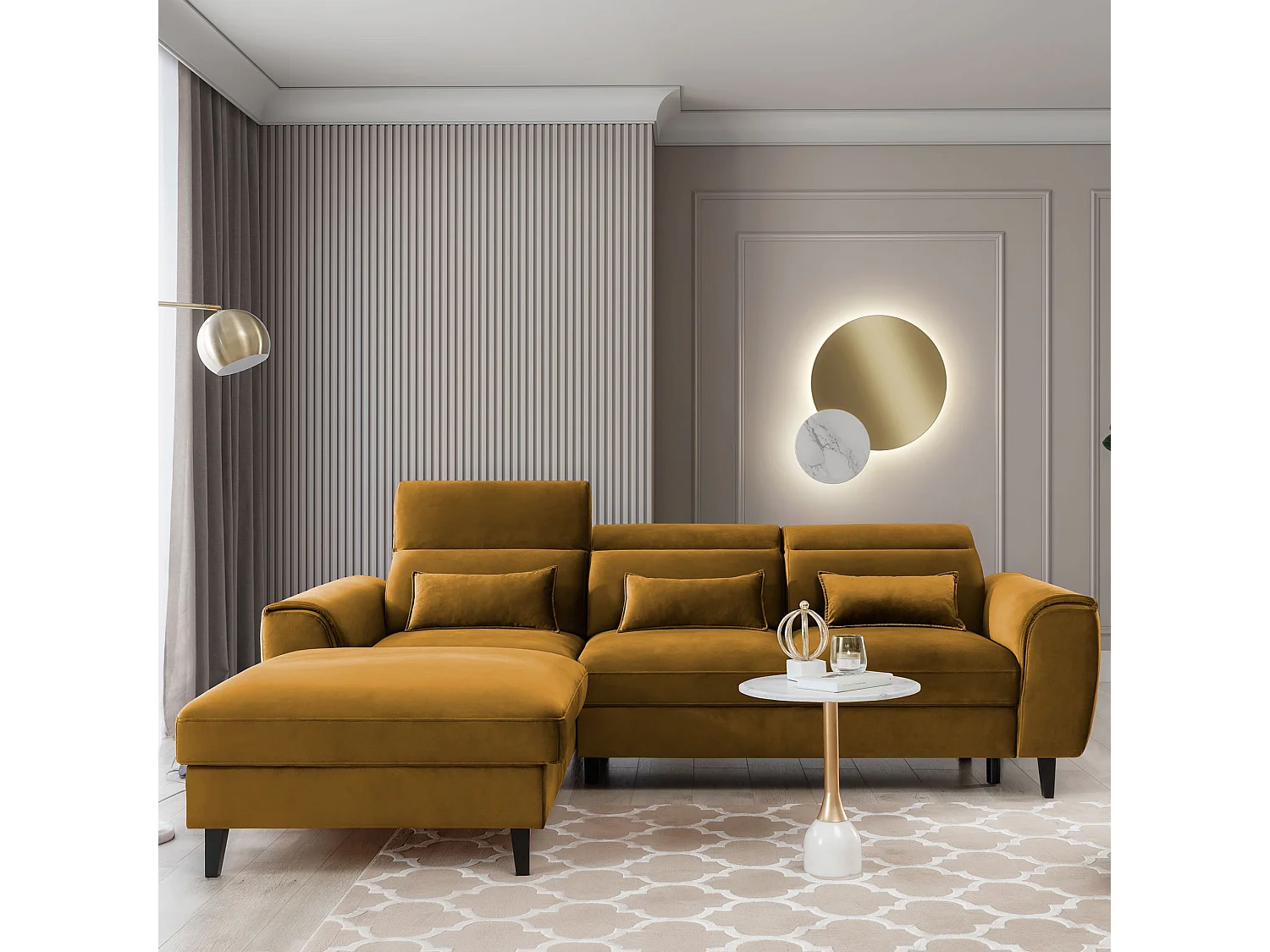 Canapé d'angle convertible velours appuis-tête réglables ASTORIA - Coffre et pieds bois noir-Jaune chamoix-angle gauche