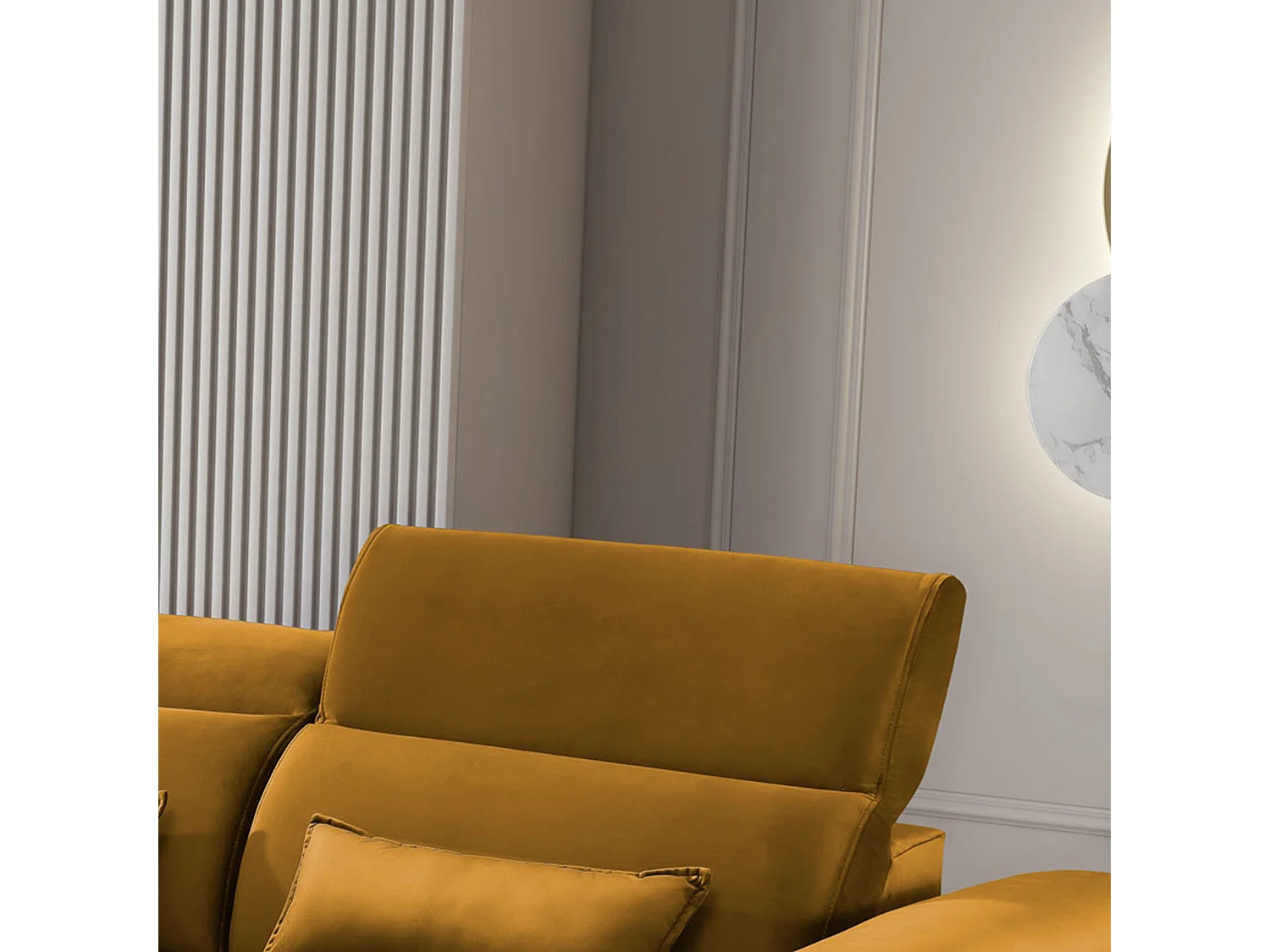 Canapé d'angle convertible velours appuis-tête réglables ASTORIA - Coffre et pieds bois noir-Jaune chamoix-angle gauche