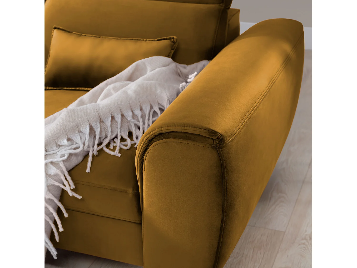 Canapé d'angle convertible velours appuis-tête réglables ASTORIA - Coffre et pieds bois noir-Jaune chamoix-angle gauche