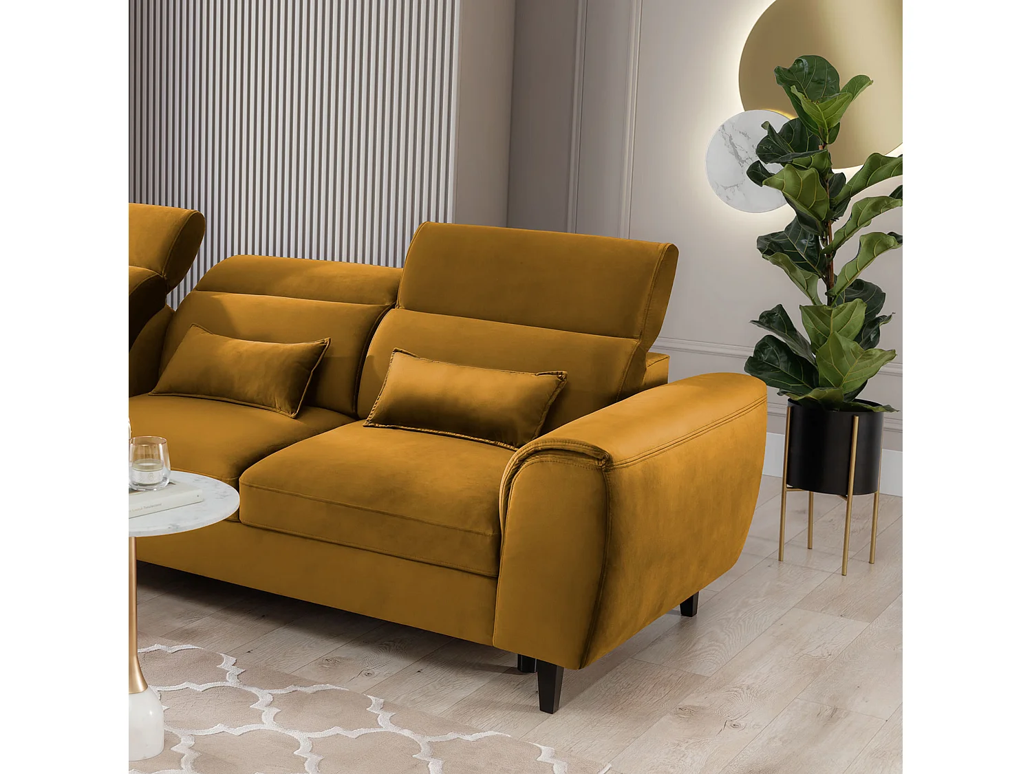 Canapé d'angle convertible velours appuis-tête réglables ASTORIA - Coffre et pieds bois noir-Jaune chamoix-angle gauche