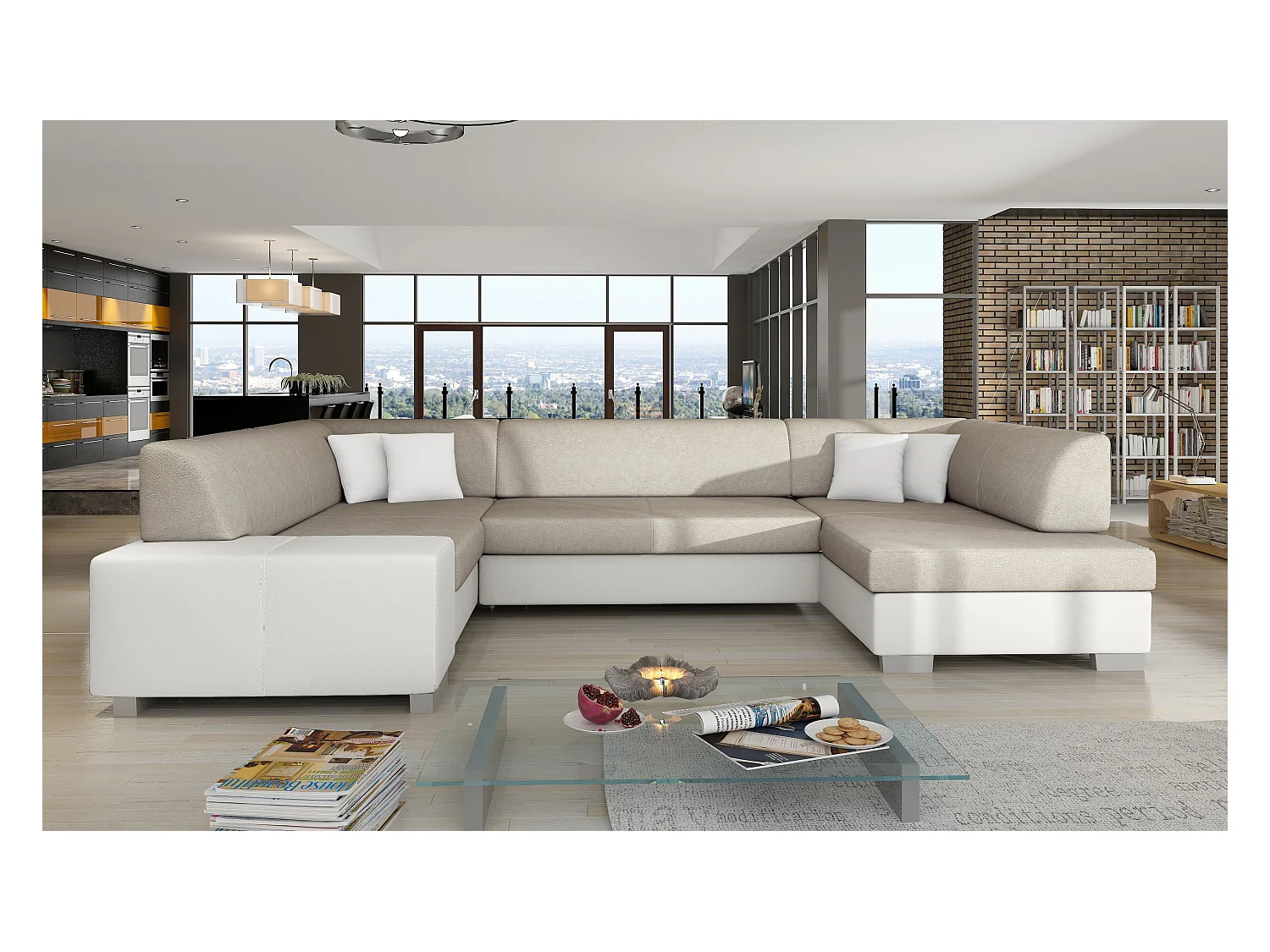 Canapé panoramique convertible HOUSTON en bi-matière avec coffre de rangement-Blanc/Beige clair-Coffre à droite