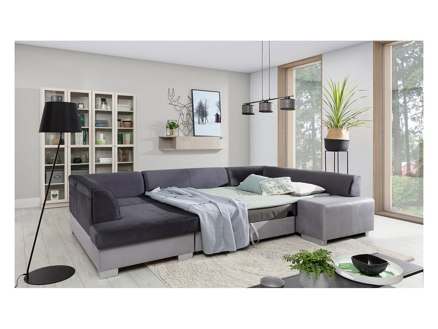 Canapé panoramique convertible HOUSTON en bi-matière avec coffre de rangement-Blanc/Beige clair-Coffre à droite