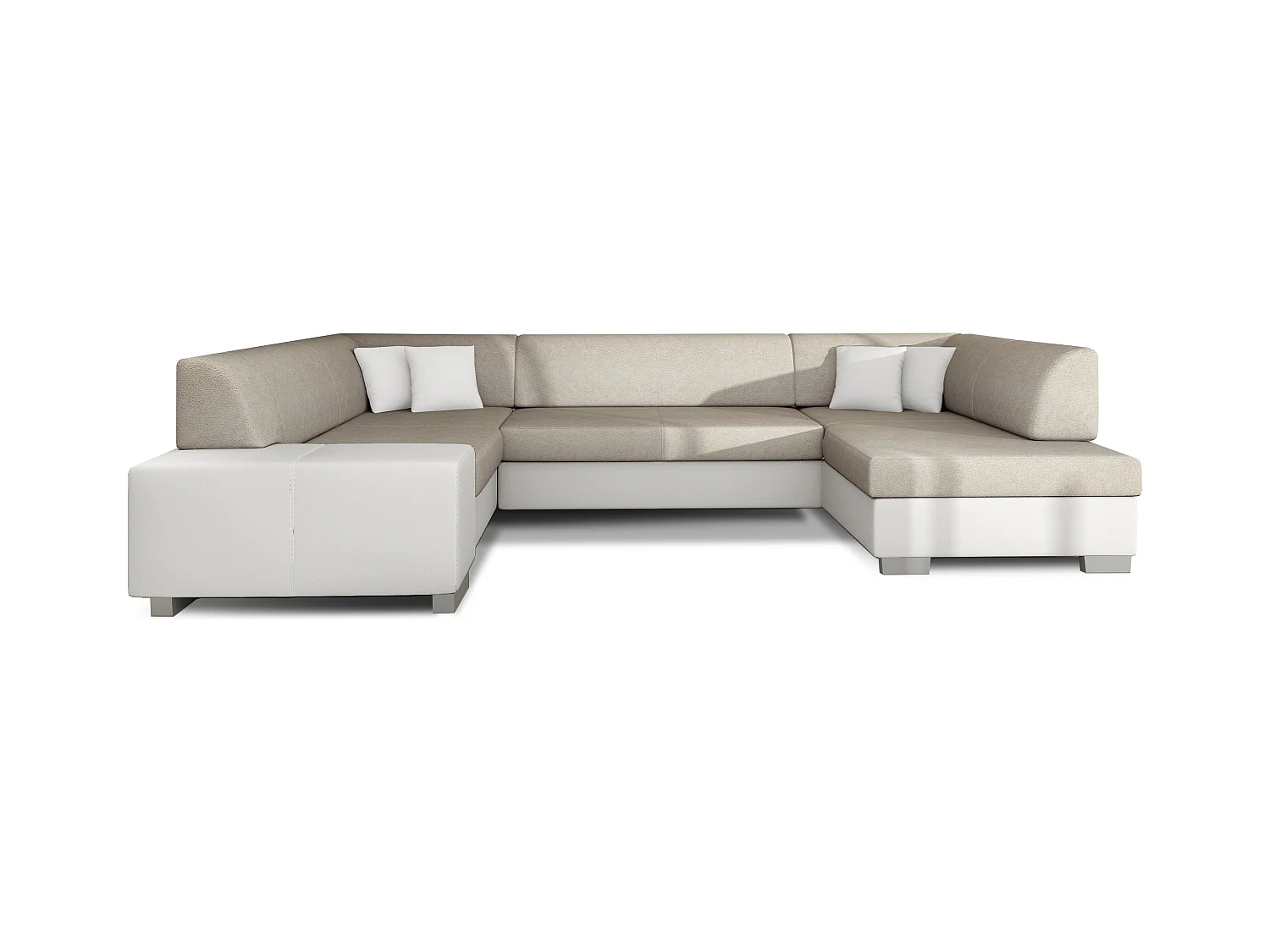 Canapé panoramique convertible HOUSTON en bi-matière avec coffre de rangement-Blanc/Beige clair-Coffre à droite