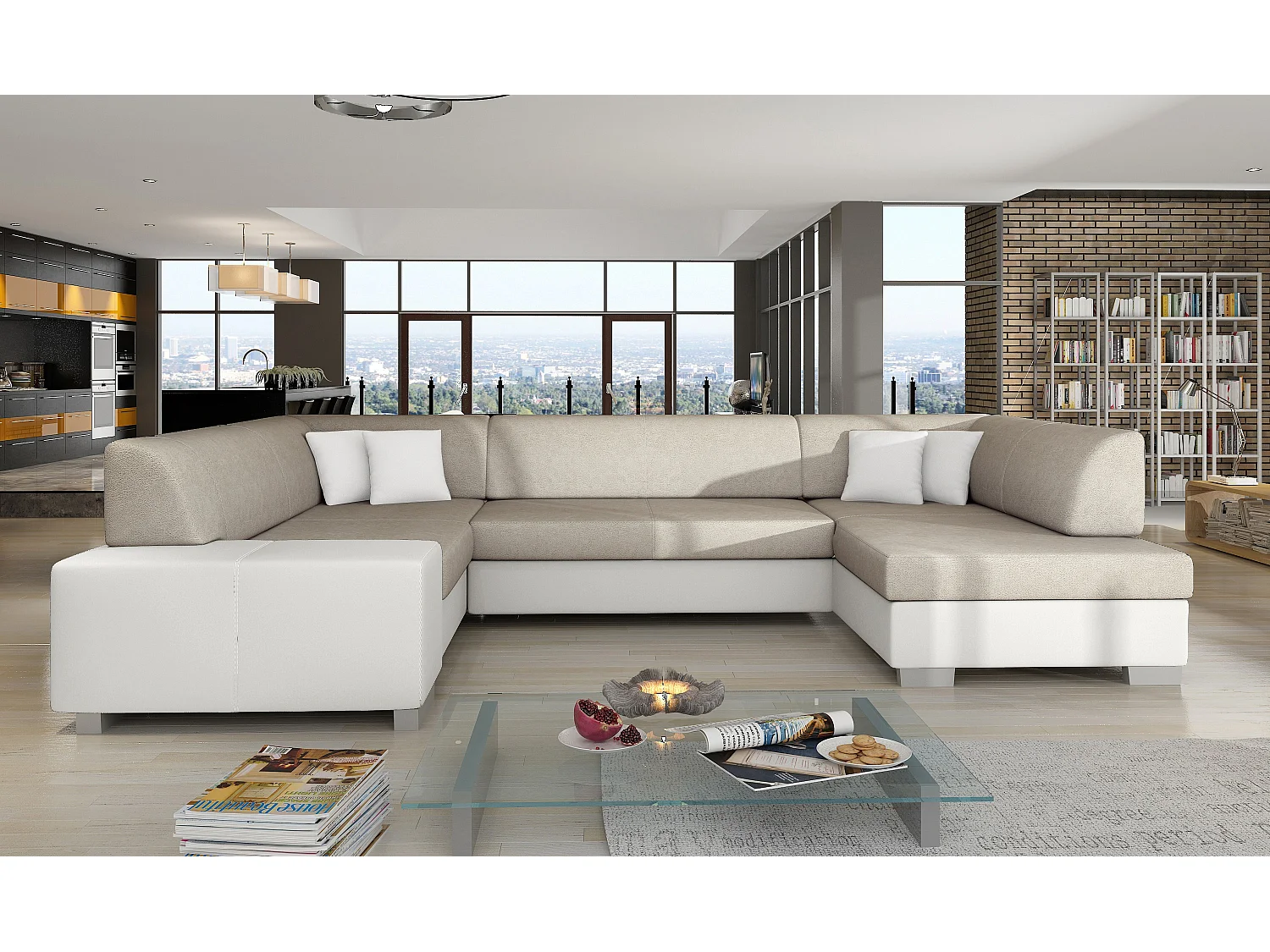 Canapé panoramique convertible HOUSTON en bi-matière avec coffre de rangement-Blanc/Beige clair-Coffre à droite
