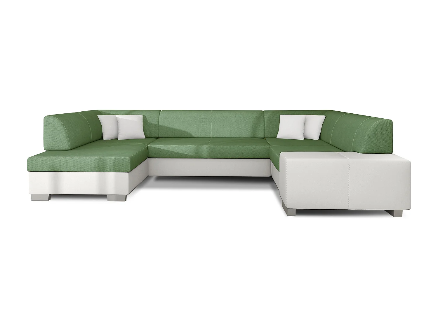 Canapé panoramique convertible HOUSTON en bi-matière avec coffre de rangement-Blanc/Beige clair-Coffre à droite