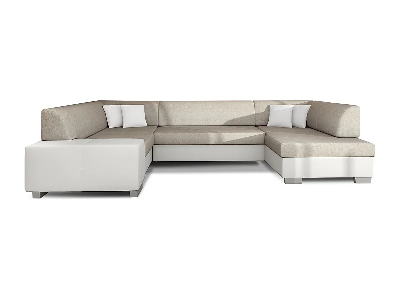 Canapé panoramique convertible HOUSTON en bi-matière avec coffre de rangement-Blanc/Beige clair-Coffre à droite