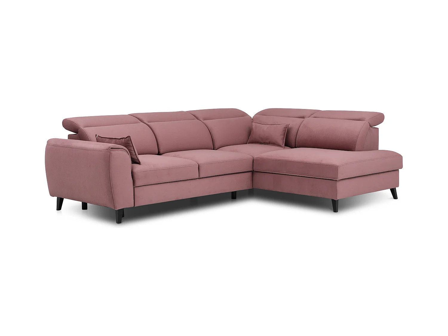 Canapé d'angle convertible avec rangement velours NOBLESSE - Pieds bois noir-Rose poudré-angle droit
