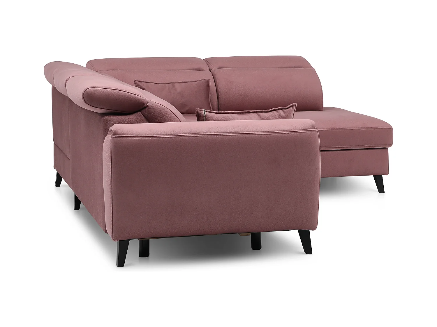 Canapé d'angle convertible avec rangement velours NOBLESSE - Pieds bois noir-Rose poudré-angle droit