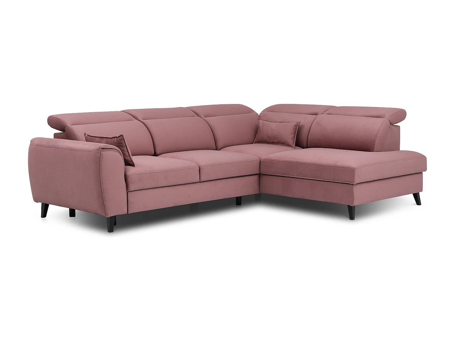 Canapé d'angle convertible avec rangement velours NOBLESSE - Pieds bois noir-Rose poudré-angle droit