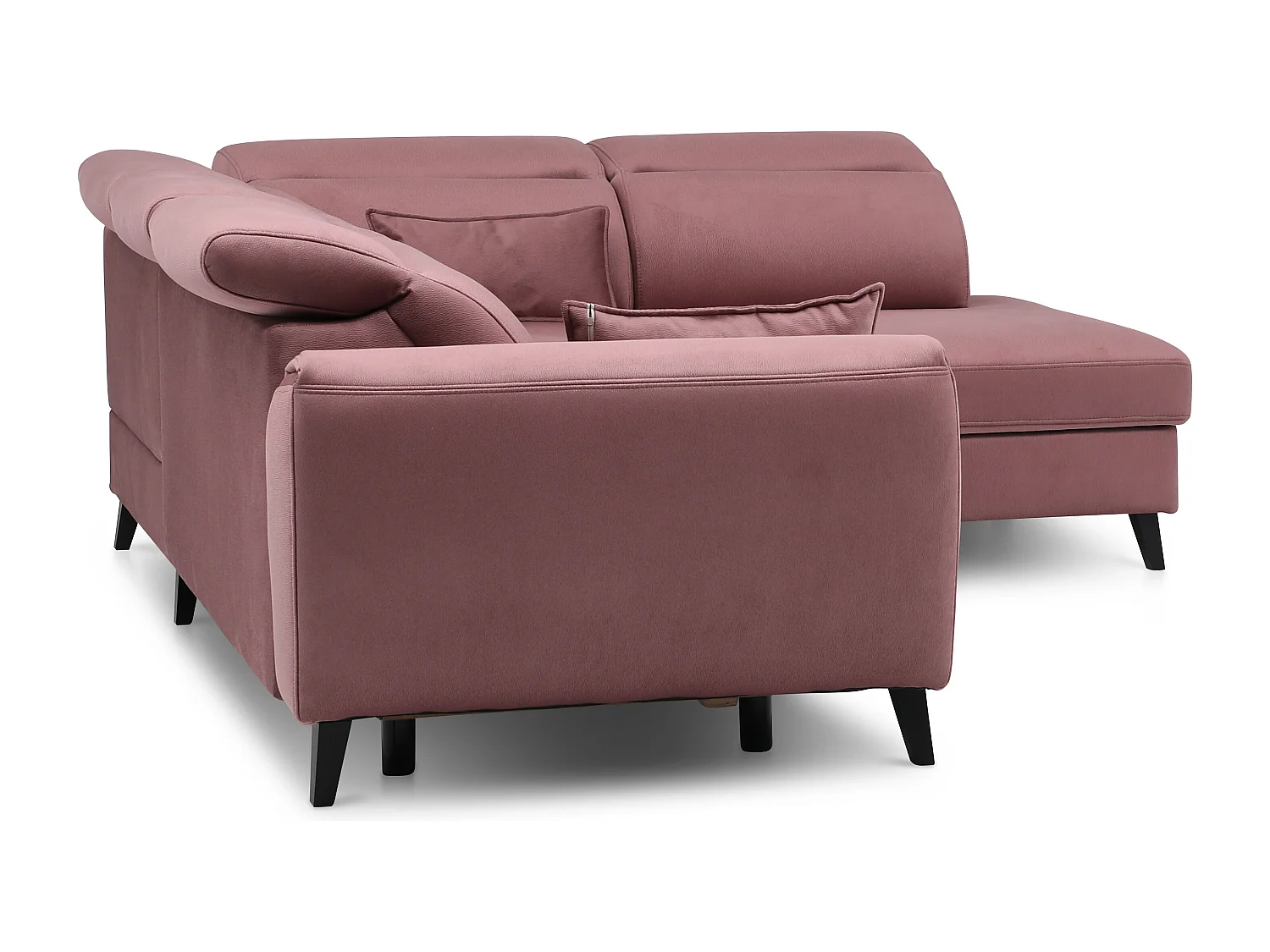 Canapé d'angle convertible avec rangement velours NOBLESSE - Pieds bois noir-Rose poudré-angle droit