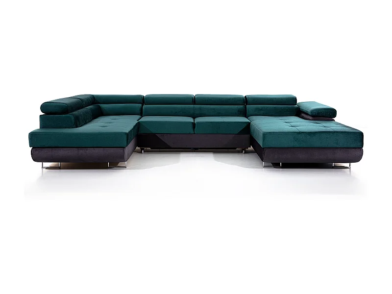 Canapé panoramique convertible ROMANO - Rangement et appuie-têtes réglables-Gris foncé/Vert-Coffre à gauche