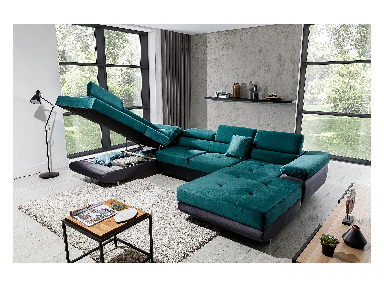 Canapé panoramique convertible ROMANO - Rangement et appuie-têtes réglables-Gris foncé/Vert-Coffre à gauche