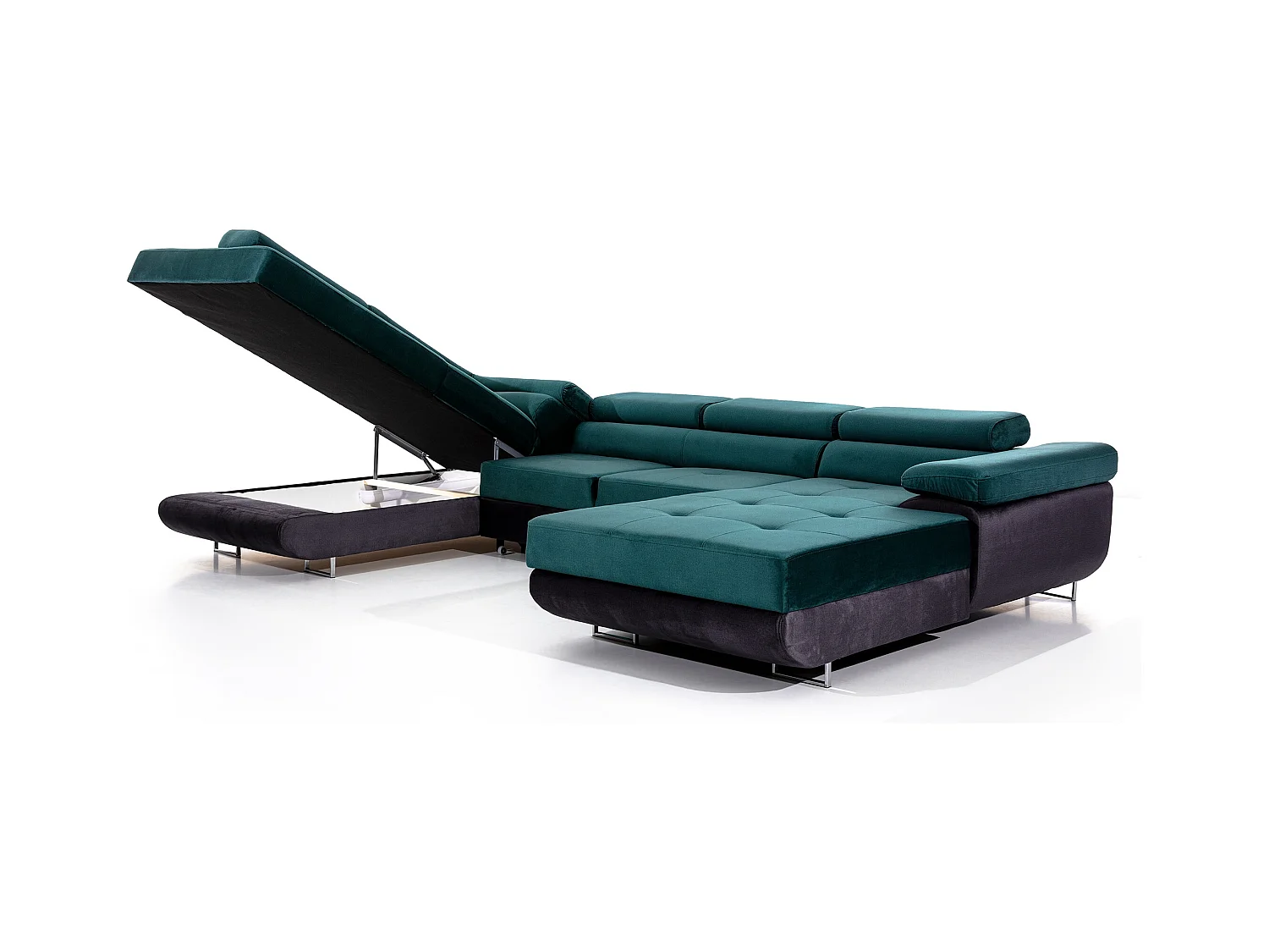 Canapé panoramique convertible ROMANO - Rangement et appuie-têtes réglables-Gris foncé/Vert-Coffre à gauche