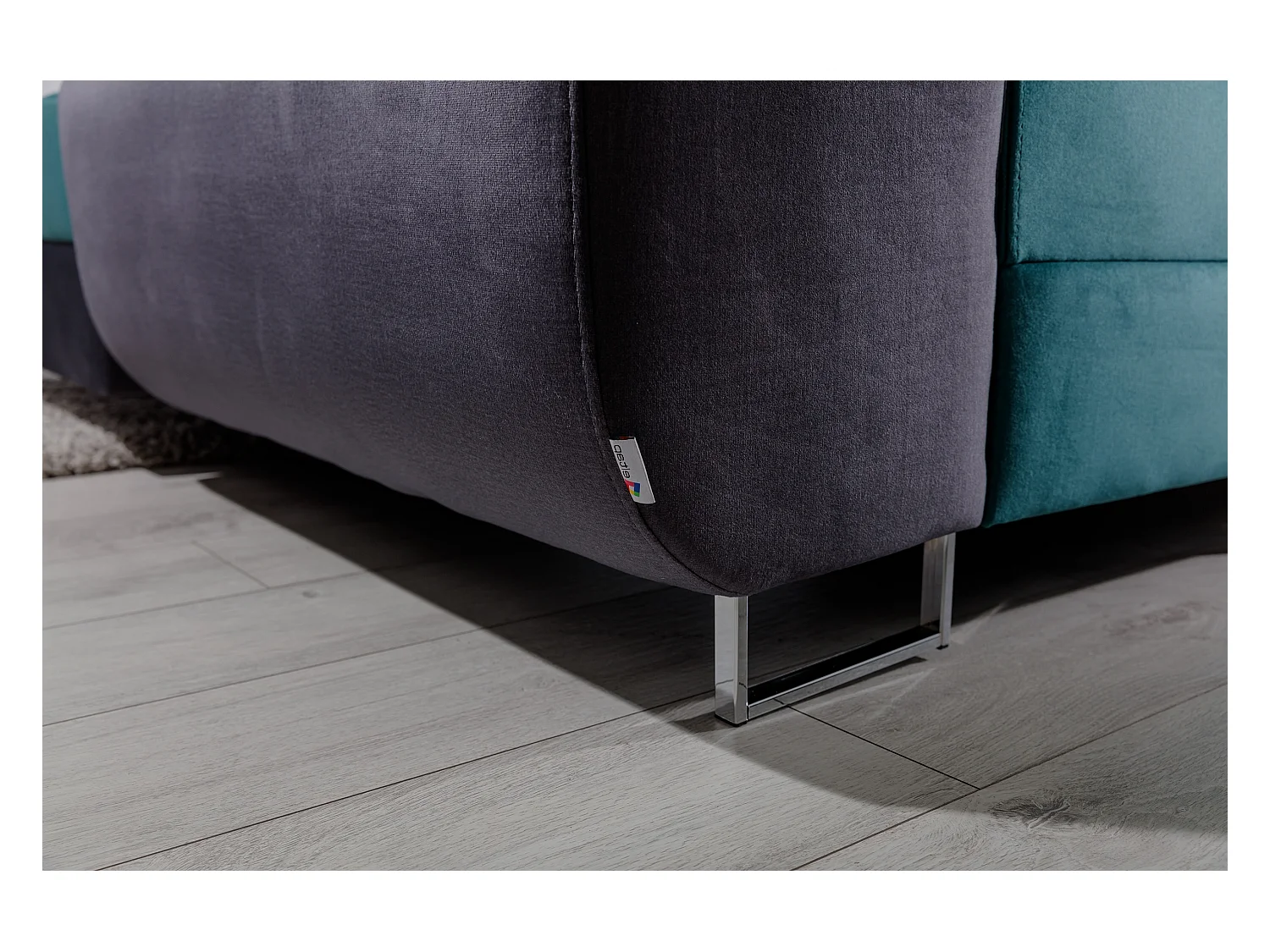 Canapé panoramique convertible ROMANO - Rangement et appuie-têtes réglables-Gris foncé/Vert-Coffre à gauche