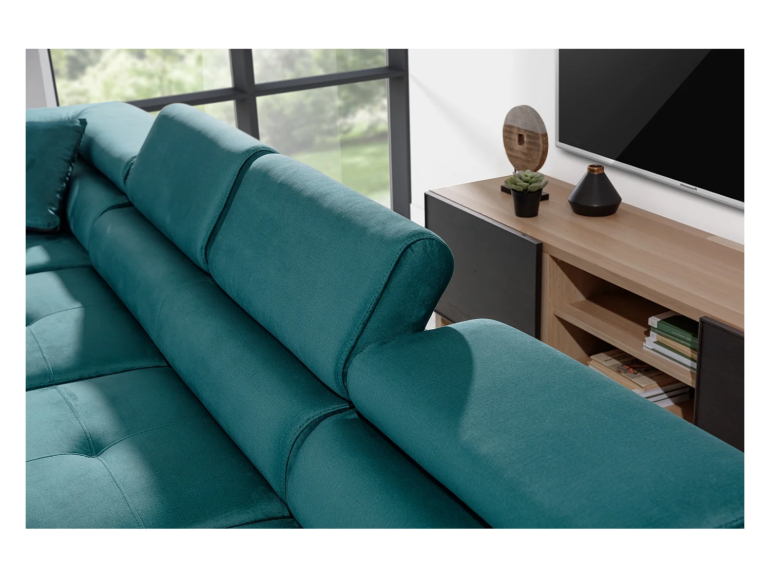 Canapé panoramique convertible ROMANO - Rangement et appuie-têtes réglables-Gris foncé/Vert-Coffre à gauche