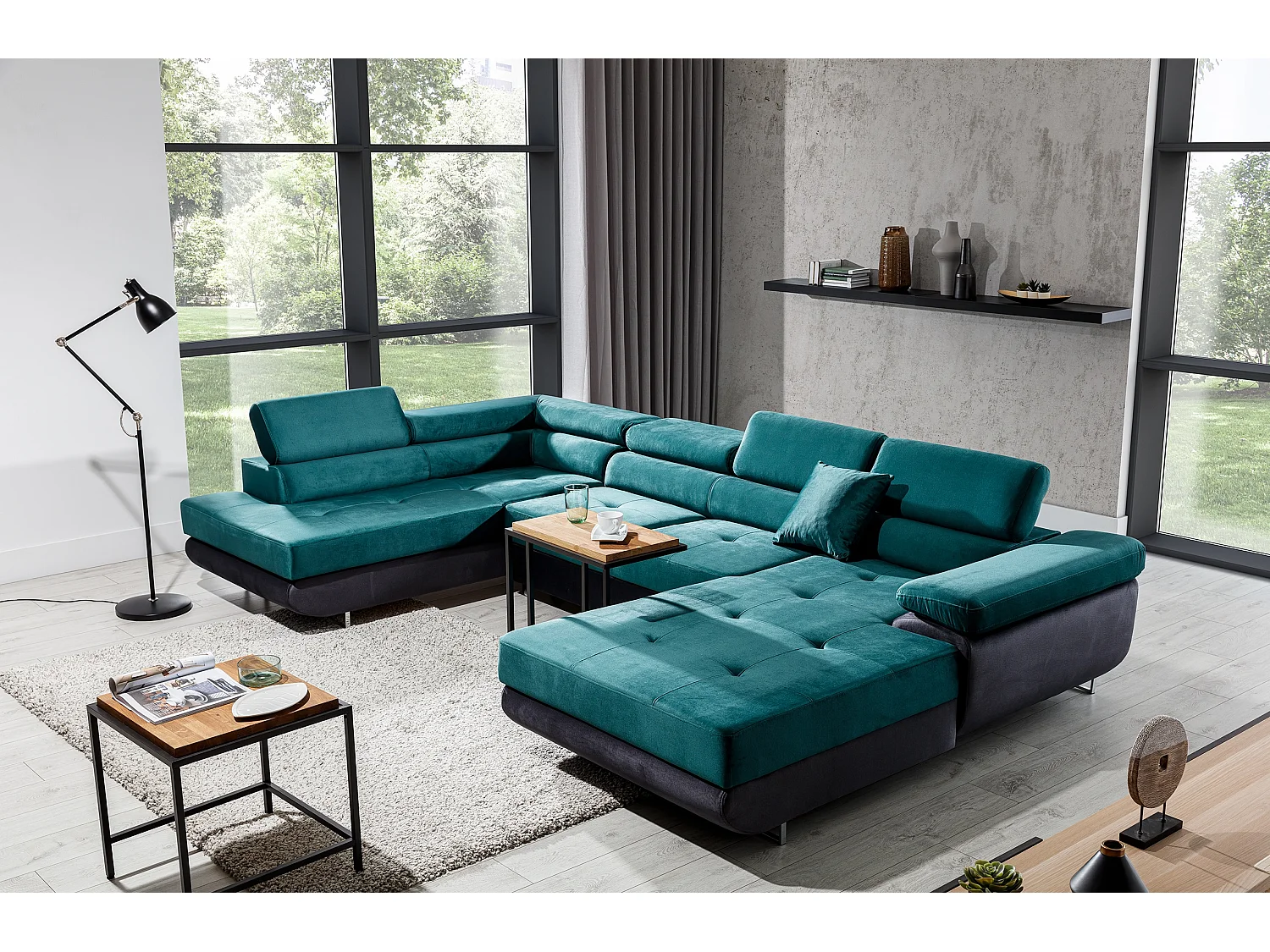 Canapé panoramique convertible ROMANO - Rangement et appuie-têtes réglables-Gris foncé/Vert-Coffre à gauche