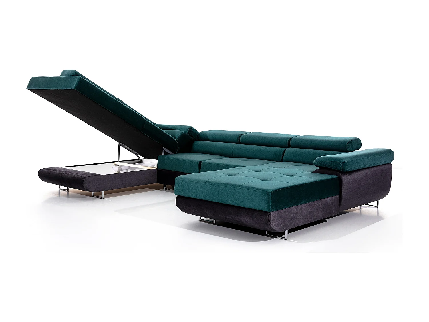 Canapé panoramique convertible ROMANO - Rangement et appuie-têtes réglables-Gris foncé/Vert-Coffre à gauche