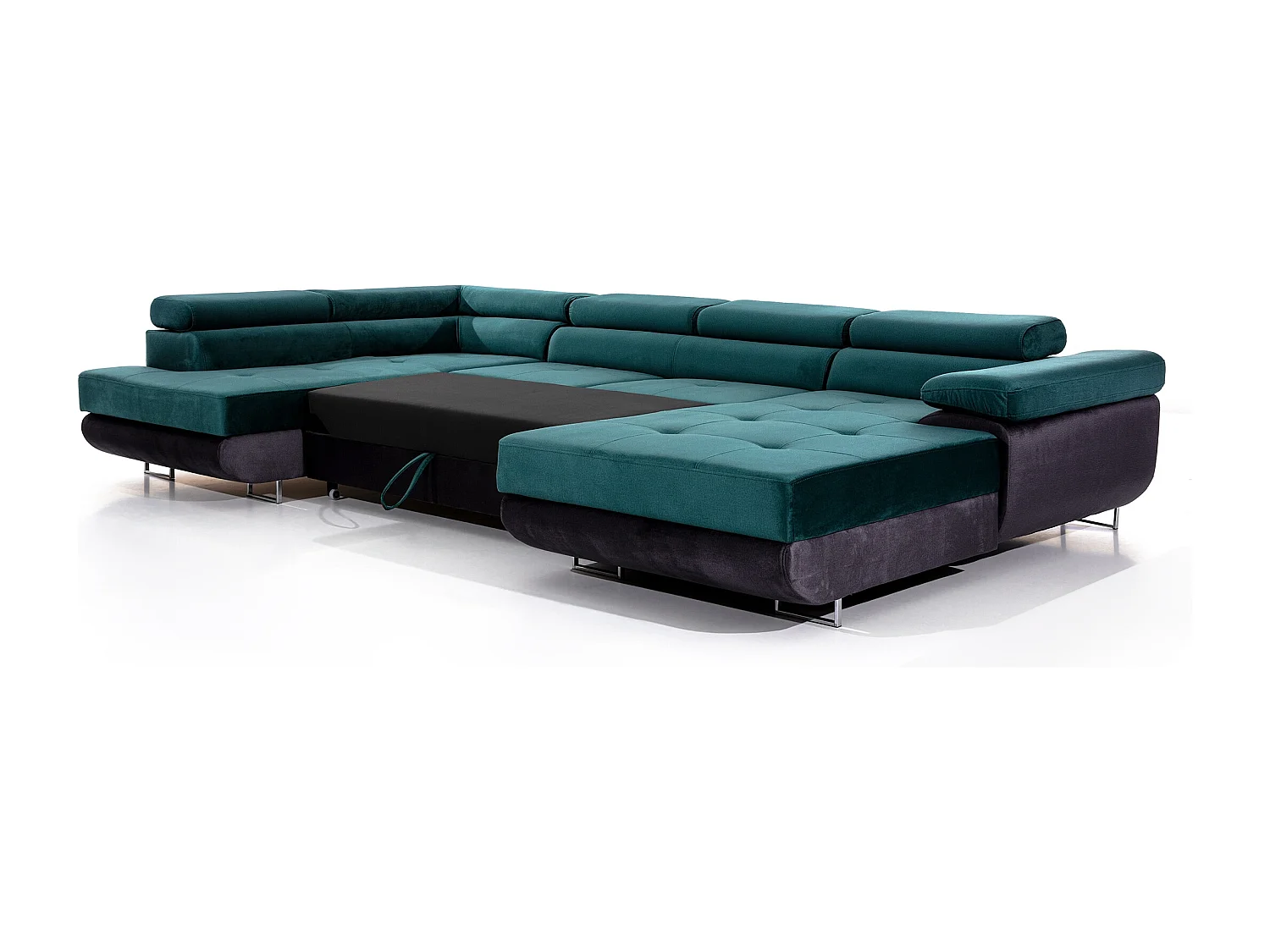 Canapé panoramique convertible ROMANO - Rangement et appuie-têtes réglables-Gris foncé/Vert-Coffre à gauche