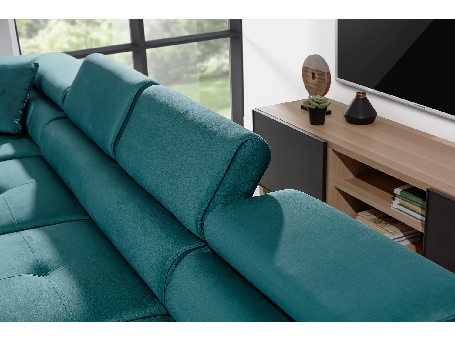 Canapé panoramique convertible ROMANO - Rangement et appuie-têtes réglables-Gris foncé/Vert-Coffre à gauche