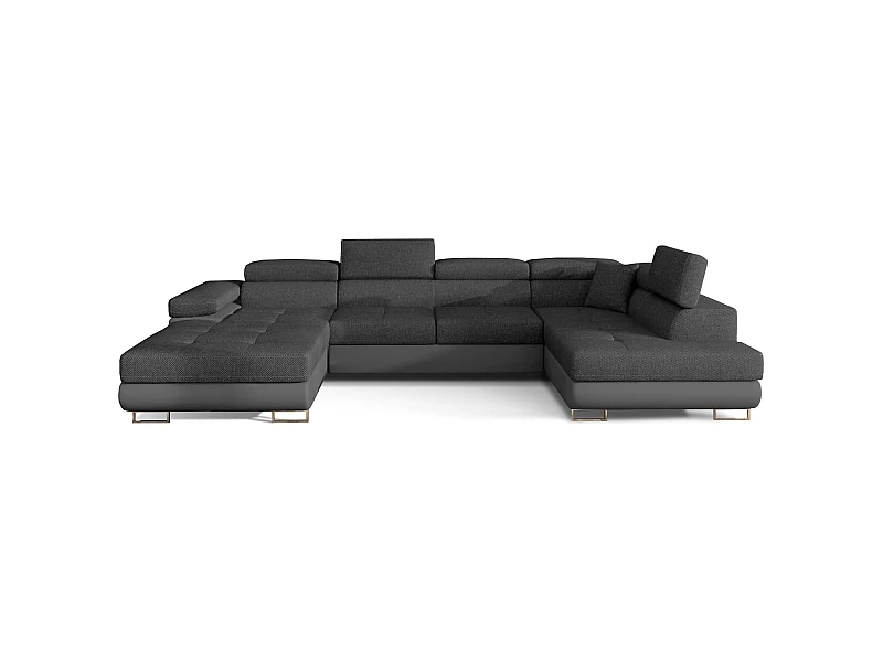 Canapé panoramique convertible ROMANO - Rangement et appuie-têtes réglables-Gris/Gris foncé-Coffre à droite