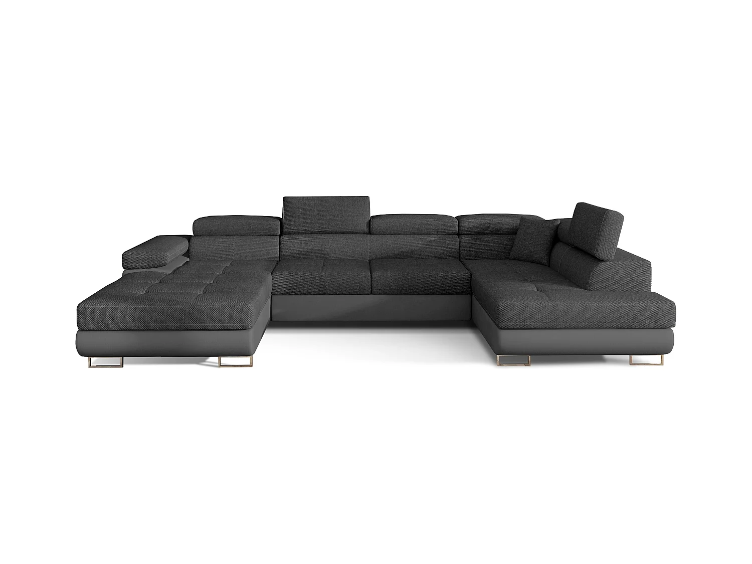 Canapé panoramique convertible ROMANO - Rangement et appuie-têtes réglables-Gris/Gris foncé-Coffre à droite