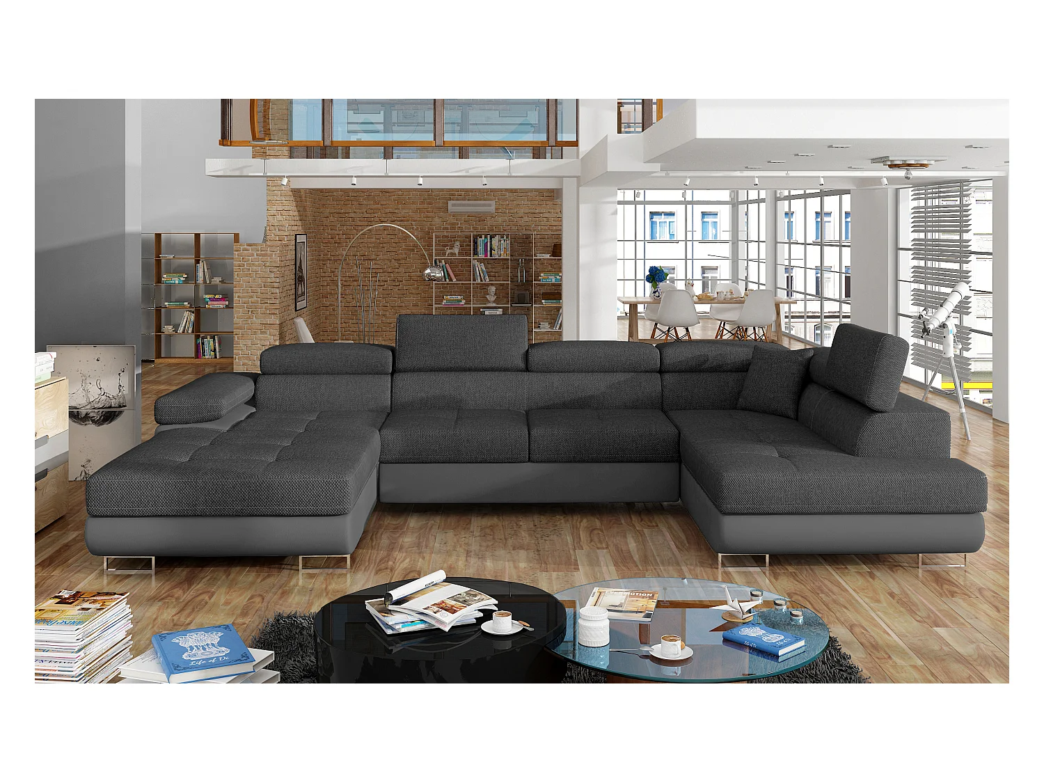 Canapé panoramique convertible ROMANO - Rangement et appuie-têtes réglables-Gris/Gris foncé-Coffre à droite