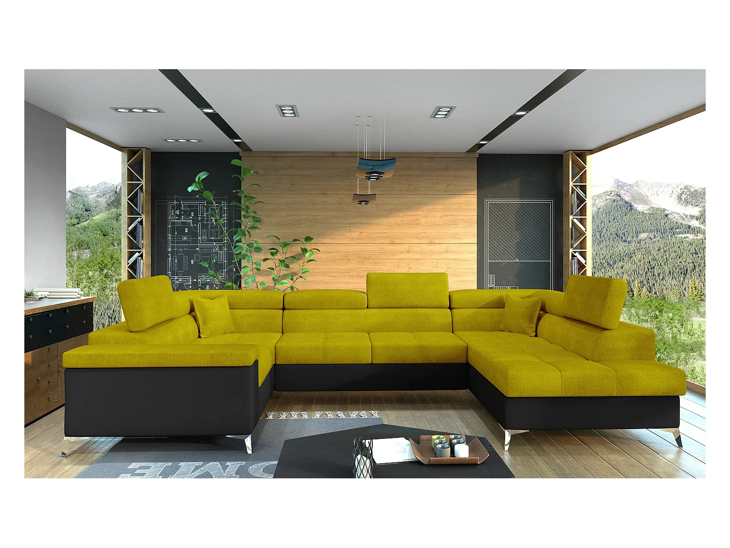 Canapé panoramique convertible TRIANO Bi matière - têtières réglables-Noir/Jaune olive-Coffre à droite