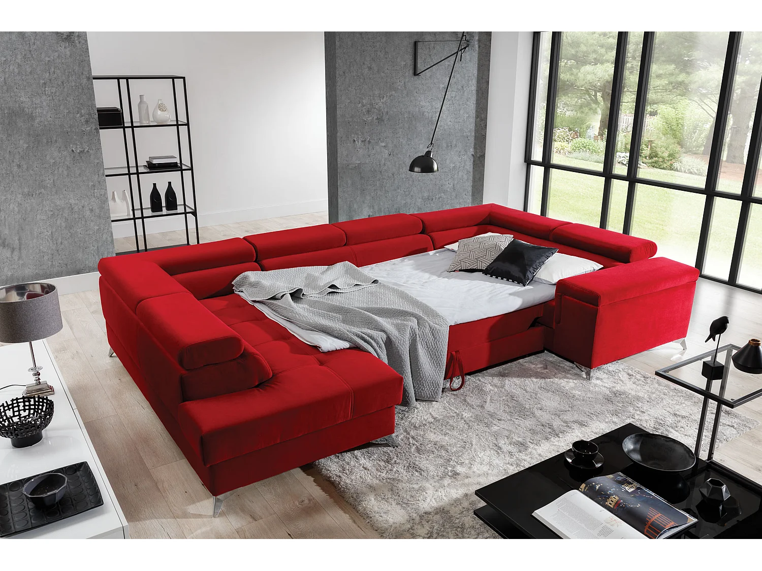 Canapé panoramique convertible TRIANO Bi matière - têtières réglables-Noir/Jaune olive-Coffre à droite