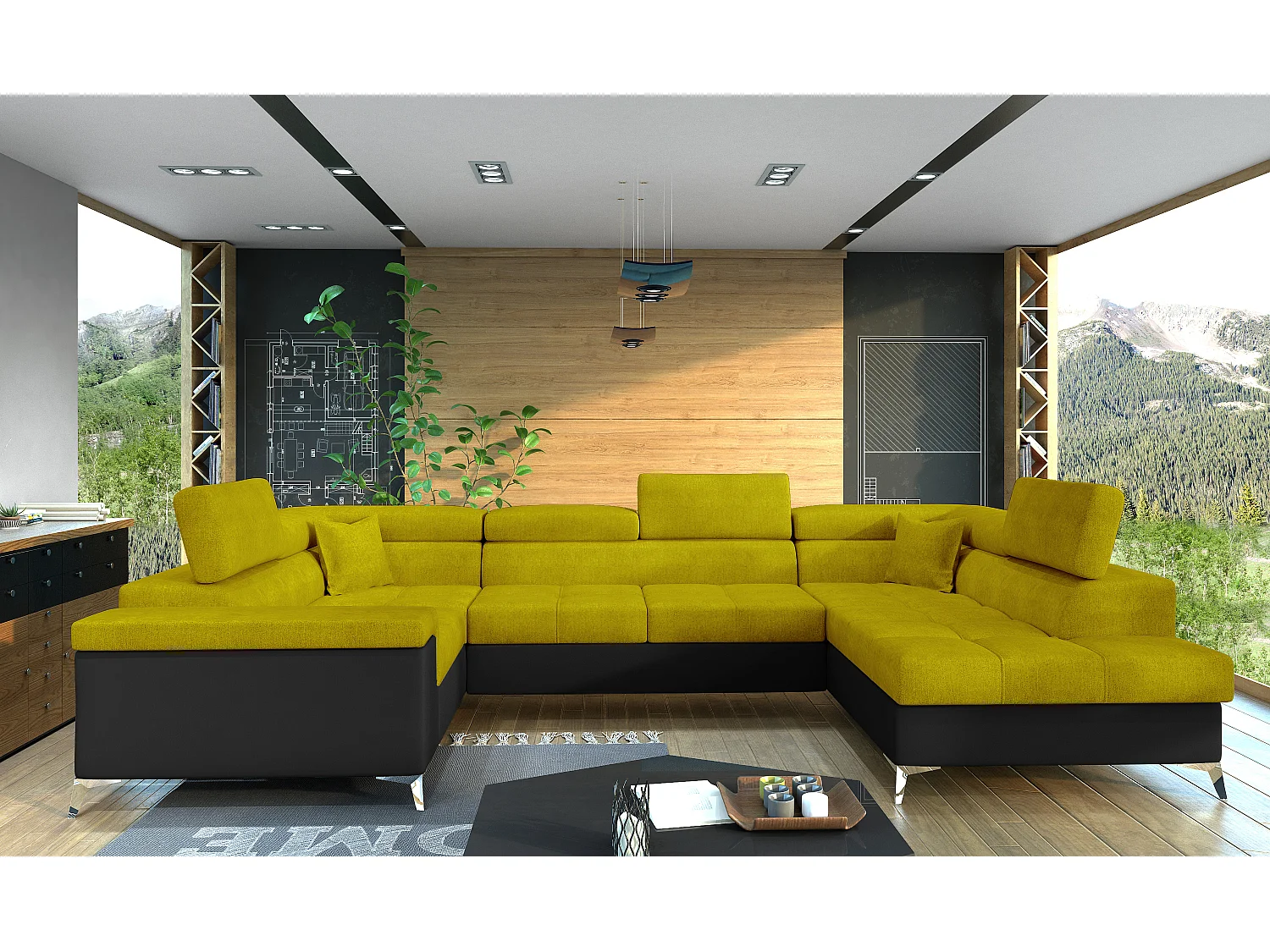 Canapé panoramique convertible TRIANO Bi matière - têtières réglables-Noir/Jaune olive-Coffre à droite