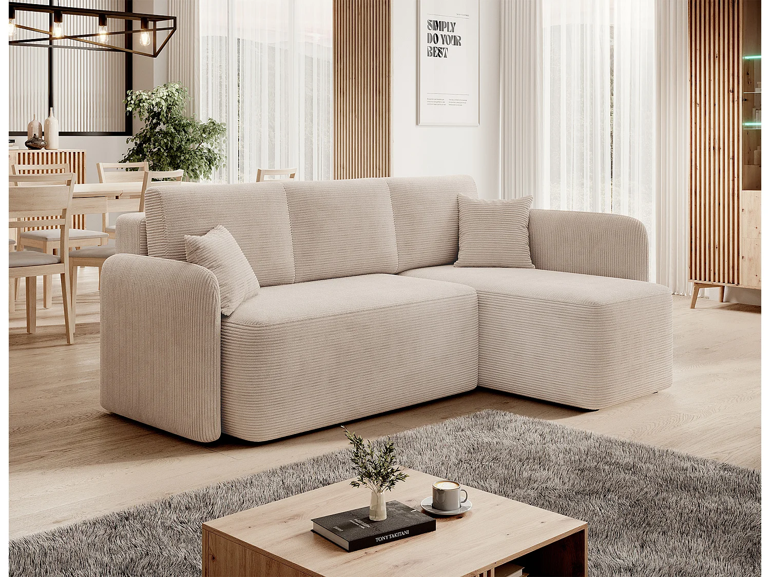 Petit canapé d'angle en tissu convertible avec coffre Takin 206cm-Beige-angle droit