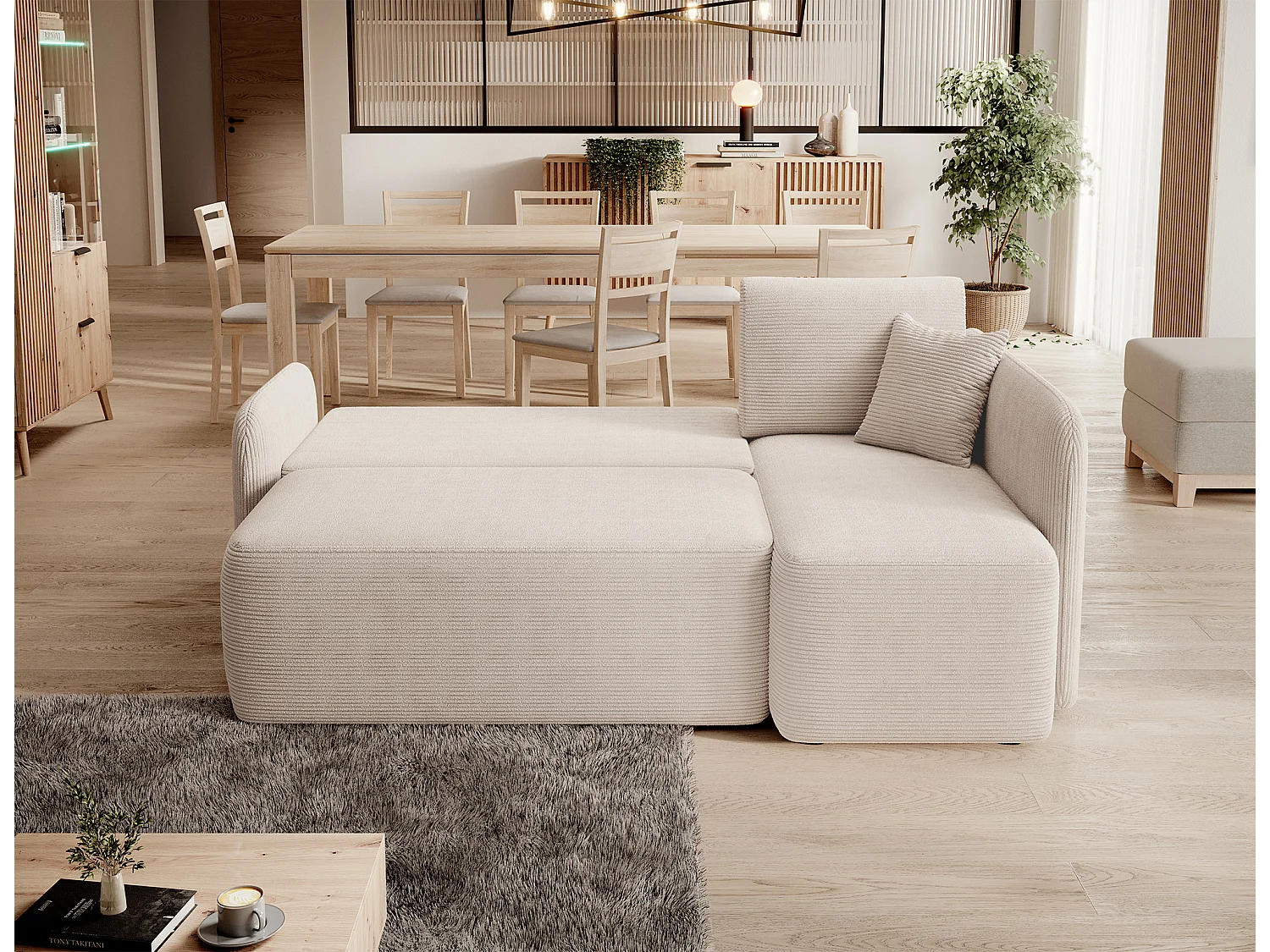 Petit canapé d'angle en tissu convertible avec coffre Takin 206cm-Beige-angle droit