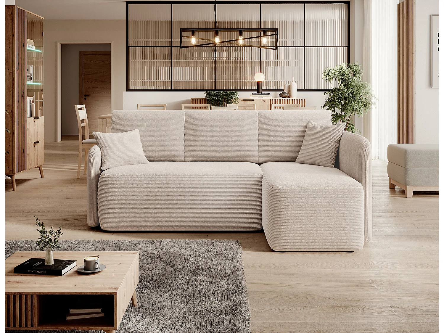 Petit canapé d'angle en tissu convertible avec coffre Takin 206cm-Beige-angle droit