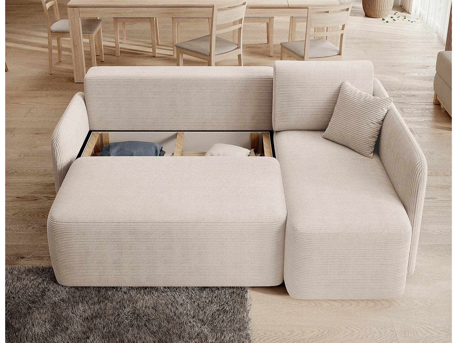 Petit canapé d'angle en tissu convertible avec coffre Takin 206cm-Beige-angle droit