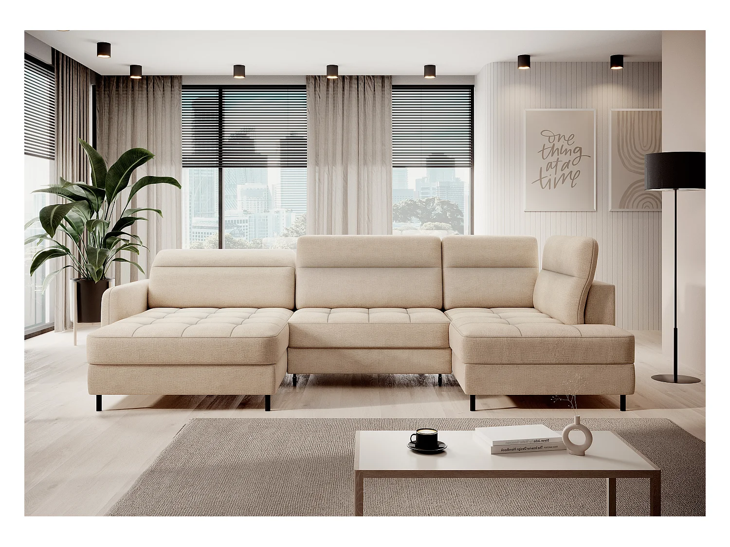 Canapé panoramique convertible BENTO en tissu avec coffre de rangement-Beige clair-angle gauche