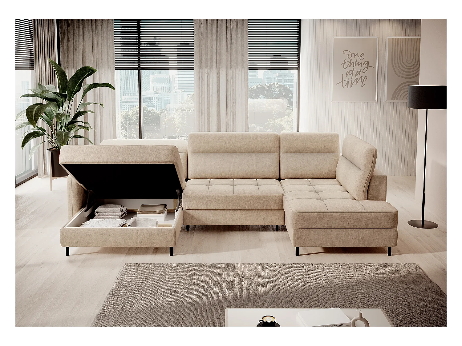 Canapé panoramique convertible BENTO en tissu avec coffre de rangement-Beige clair-angle gauche