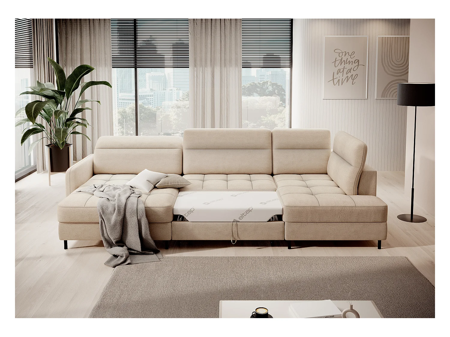 Canapé panoramique convertible BENTO en tissu avec coffre de rangement-Beige clair-angle gauche