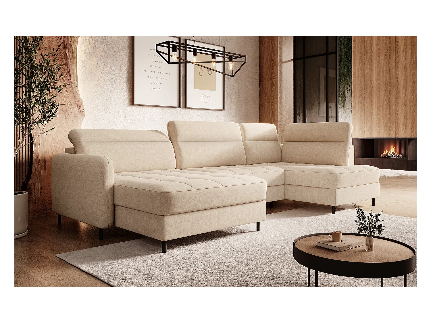 Canapé panoramique convertible BENTO en tissu avec coffre de rangement-Beige clair-angle gauche