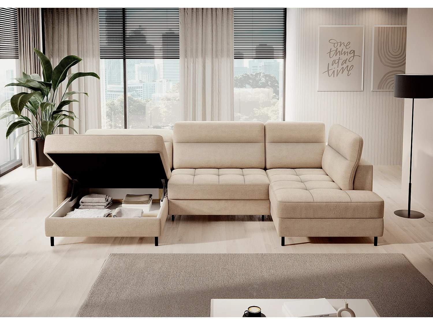 Canapé panoramique convertible BENTO en tissu avec coffre de rangement-Beige clair-angle gauche