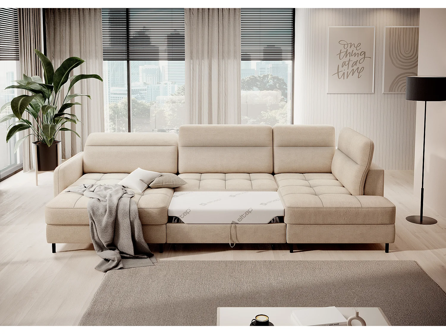 Canapé panoramique convertible BENTO en tissu avec coffre de rangement-Beige clair-angle gauche