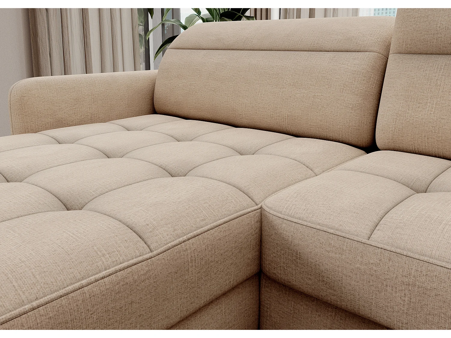 Canapé panoramique convertible BENTO en tissu avec coffre de rangement-Beige clair-angle gauche