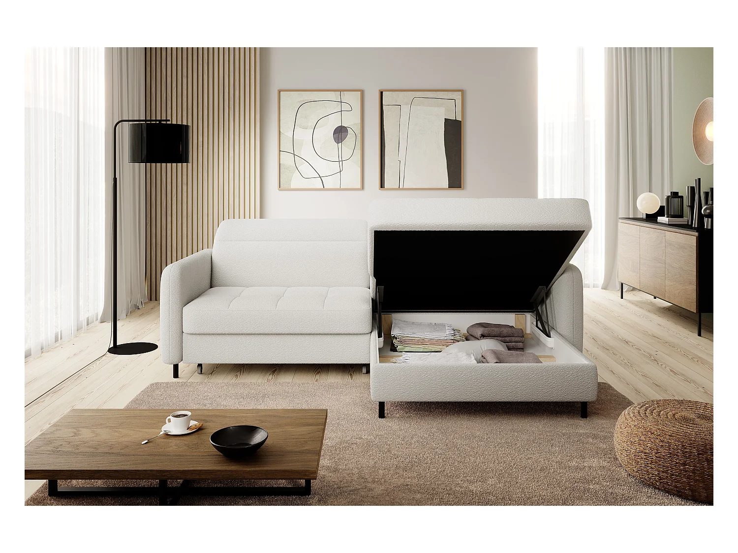 Petit canapé d’angle convertible tissu Kunder-Blanc-angle droit