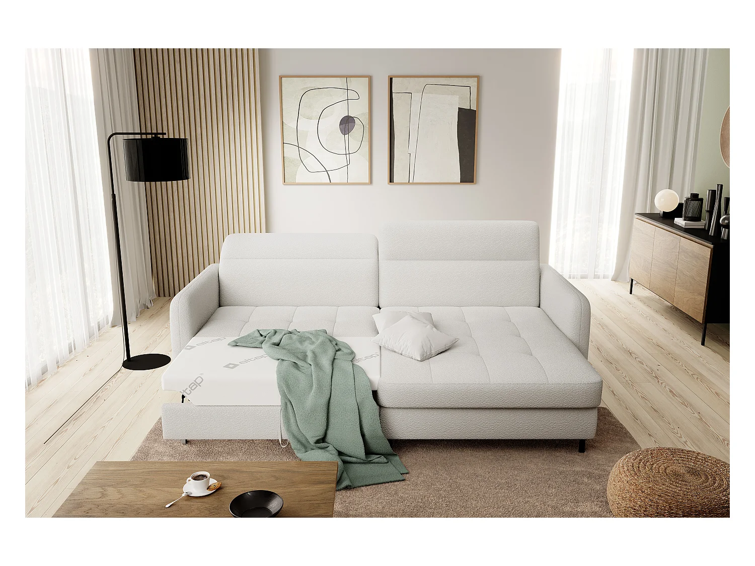 Petit canapé d’angle convertible tissu Kunder-Blanc-angle droit