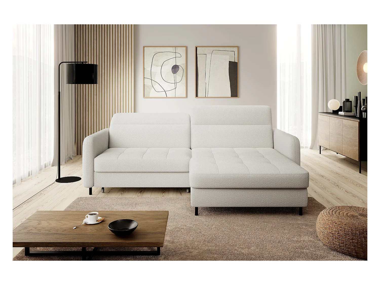 Petit canapé d’angle convertible tissu Kunder-Blanc-angle droit