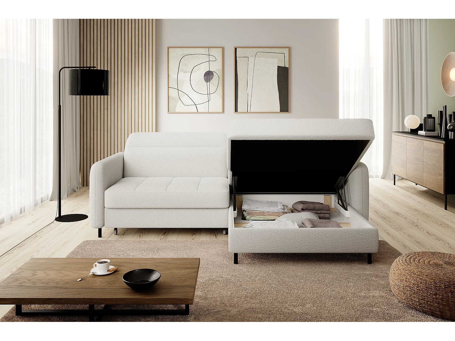 Petit canapé d’angle convertible tissu Kunder-Blanc-angle droit