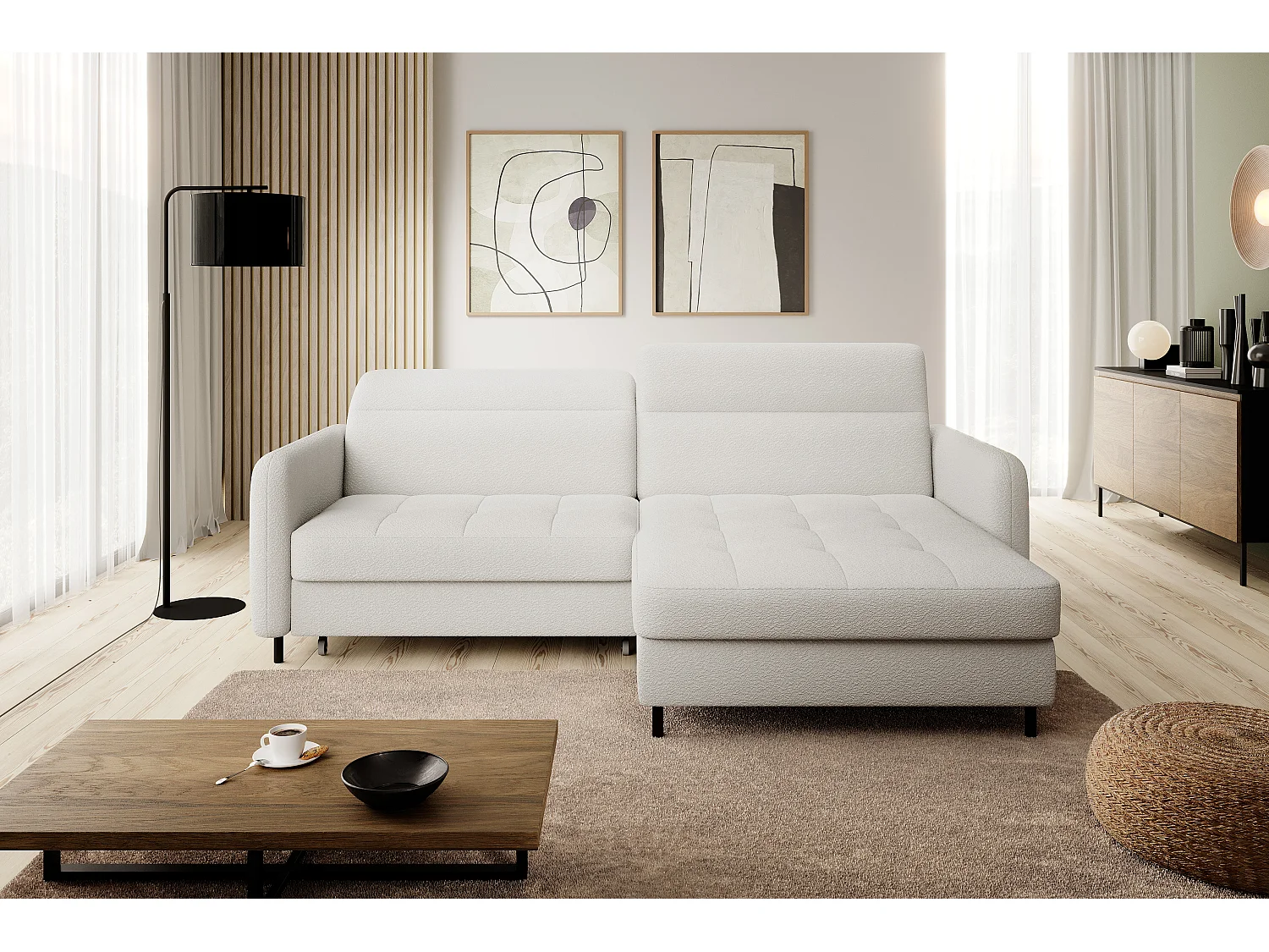 Petit canapé d’angle convertible tissu Kunder-Blanc-angle droit