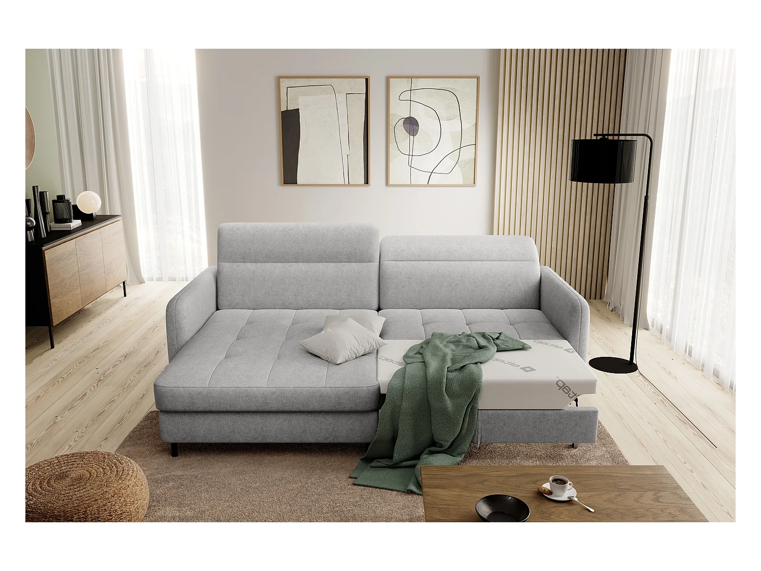 Petit canapé d’angle convertible tissu Kunder-Gris clair-angle gauche