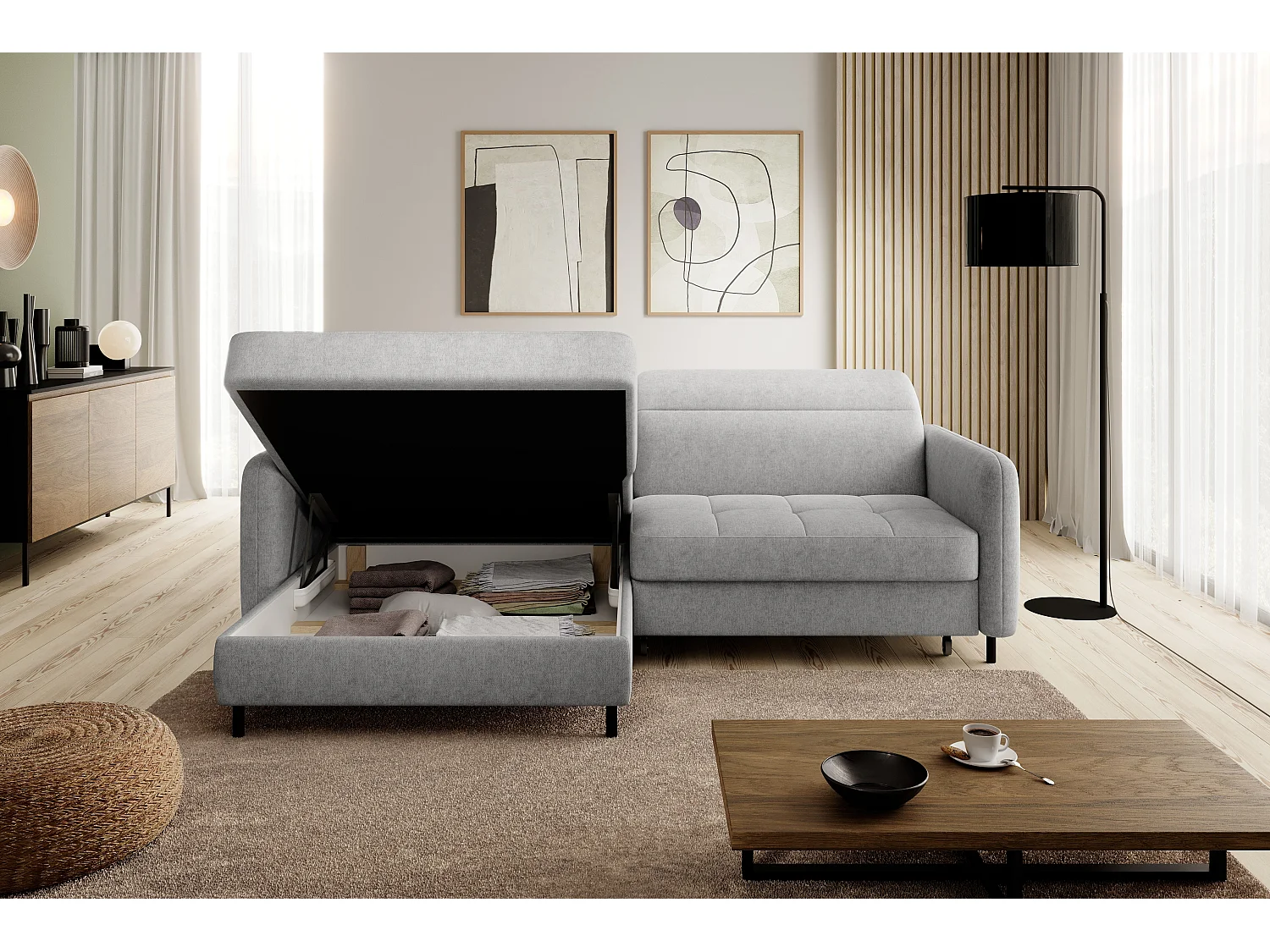 Canapé d'angle gauche convertible 3 places en tissu gris clair KUNDER
