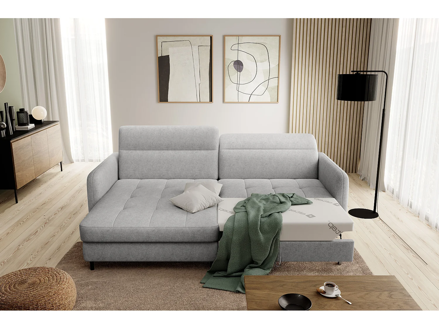 Canapé d'angle gauche convertible 3 places en tissu gris clair KUNDER