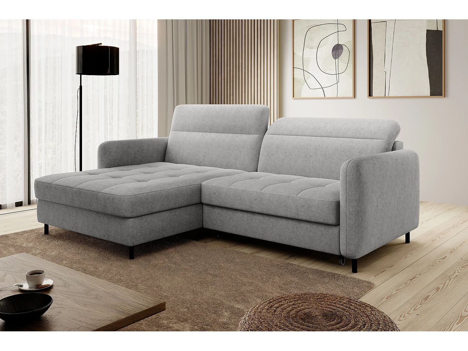 Canapé d'angle gauche convertible 3 places en tissu gris clair KUNDER