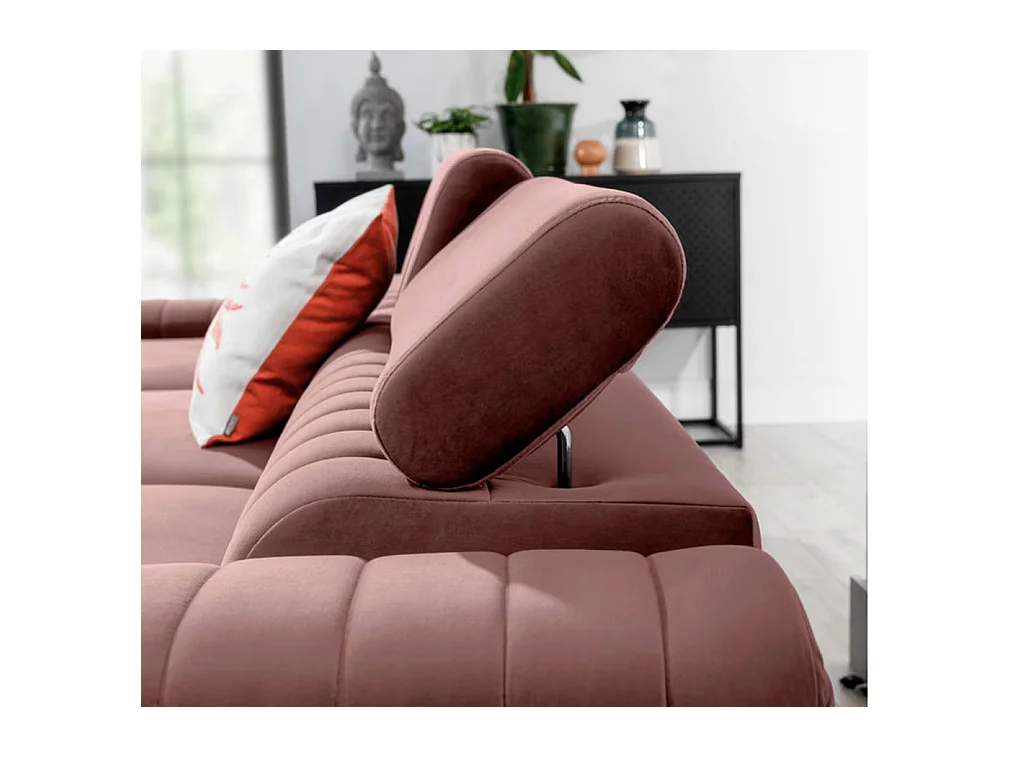 Canapé d'angle convertible velours têtière réglables GRENKY - Coffre, pieds acier chromé-Vieux rose-angle gauche